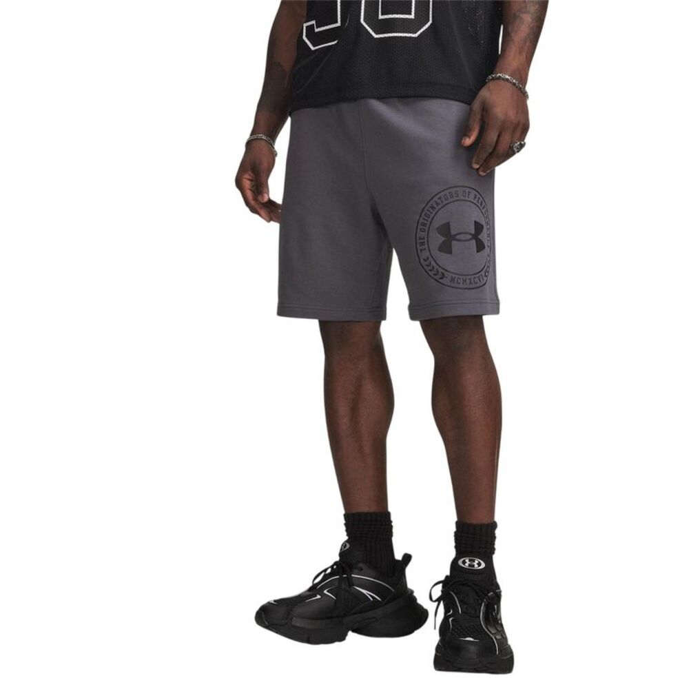 Under Armour Mens Rival Fleece Graphic Print Tapered Shorts / Gray/Black